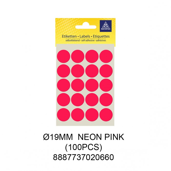 MAYSPIES MS019 COLOUR DOT LABEL / 5 SHEETS/PKT / 100PCS / ROUND 19MM NEON PINK
